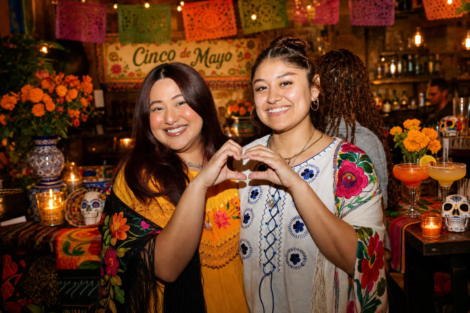 Two guests making a heart with their hands beside a Cinco de Mayo display at The Ox Tavern at Westwood