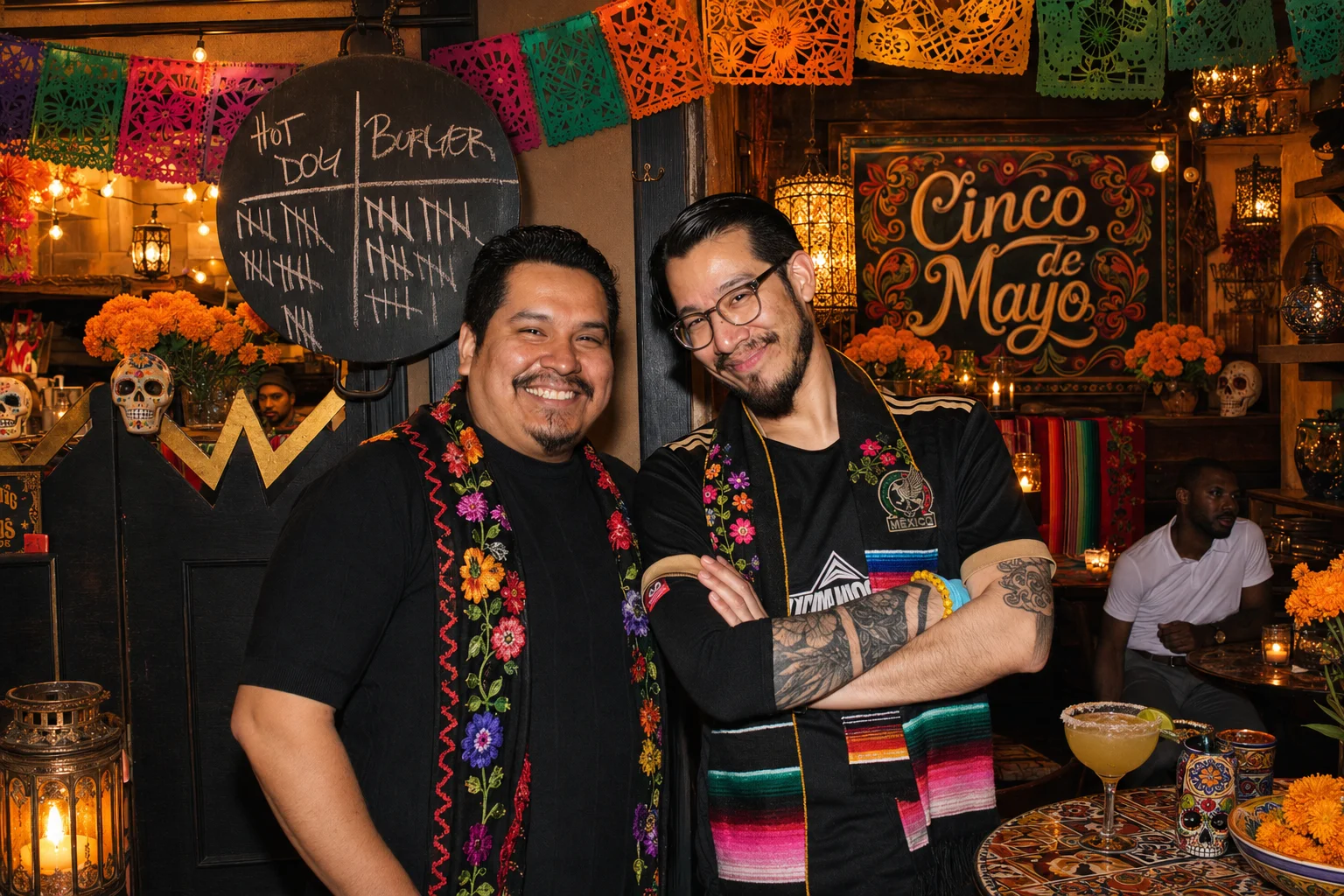 Two guests wearing colorful sashes at a decorated restaurant bar at The Ox Tavern at Westwood