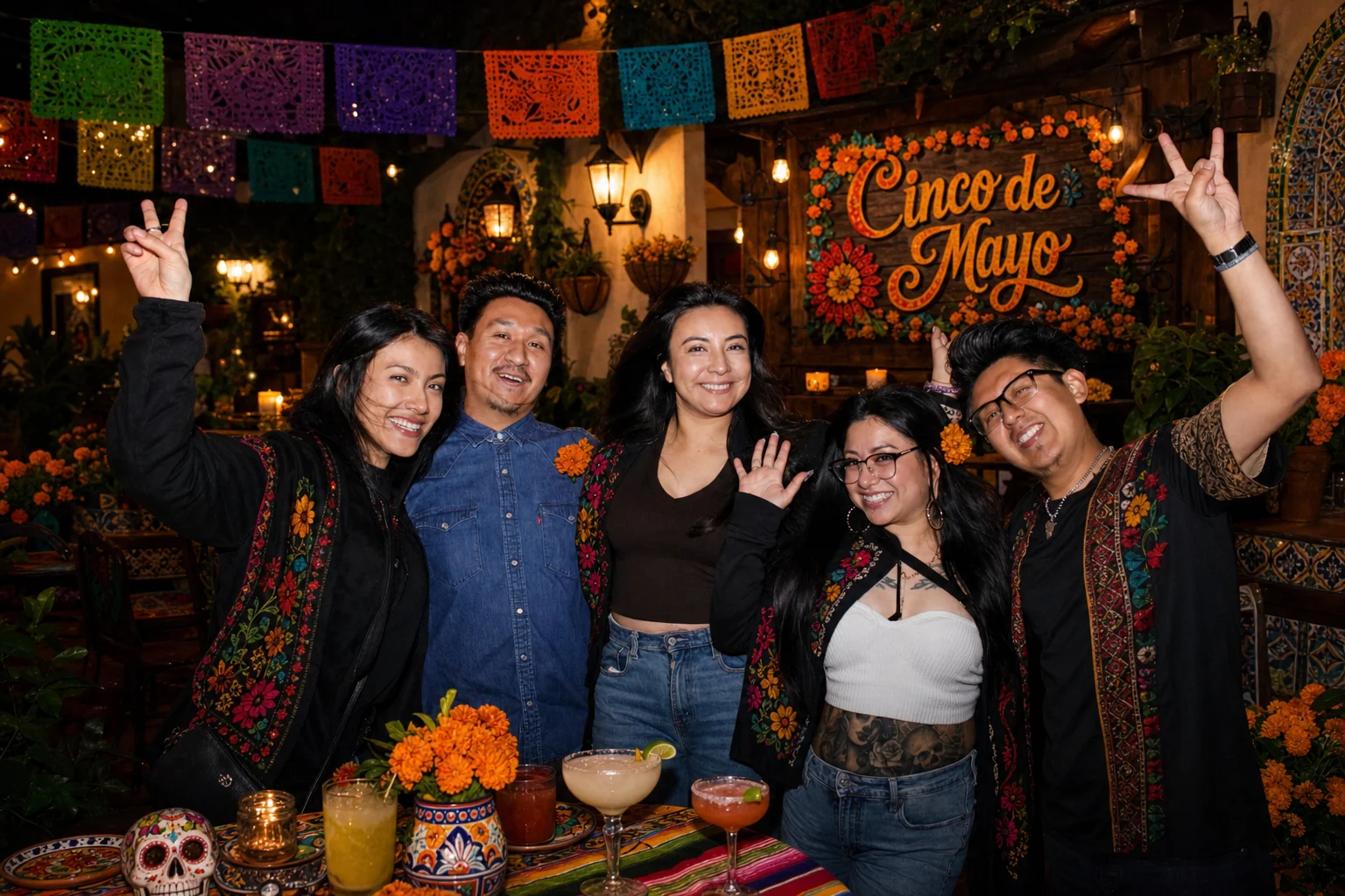 A group posing beneath colorful papel picado at a Cinco de Mayo celebration at The Ox Tavern at Westwood