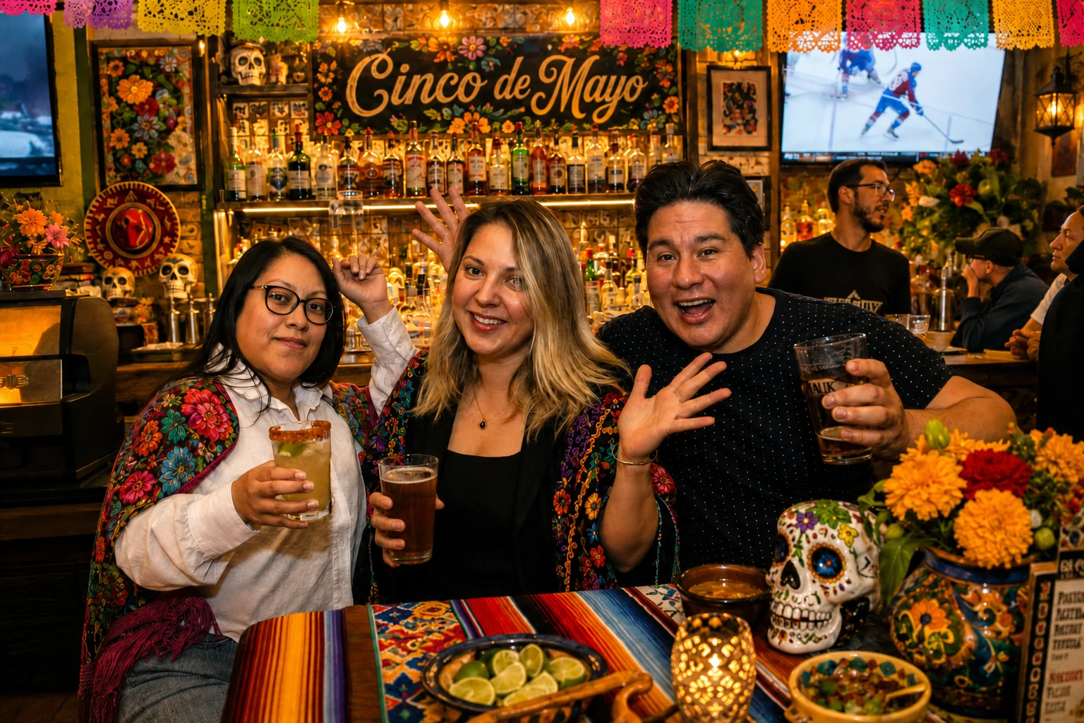 Three guests smiling with drinks at a decorated bar at The Ox Tavern at Westwood