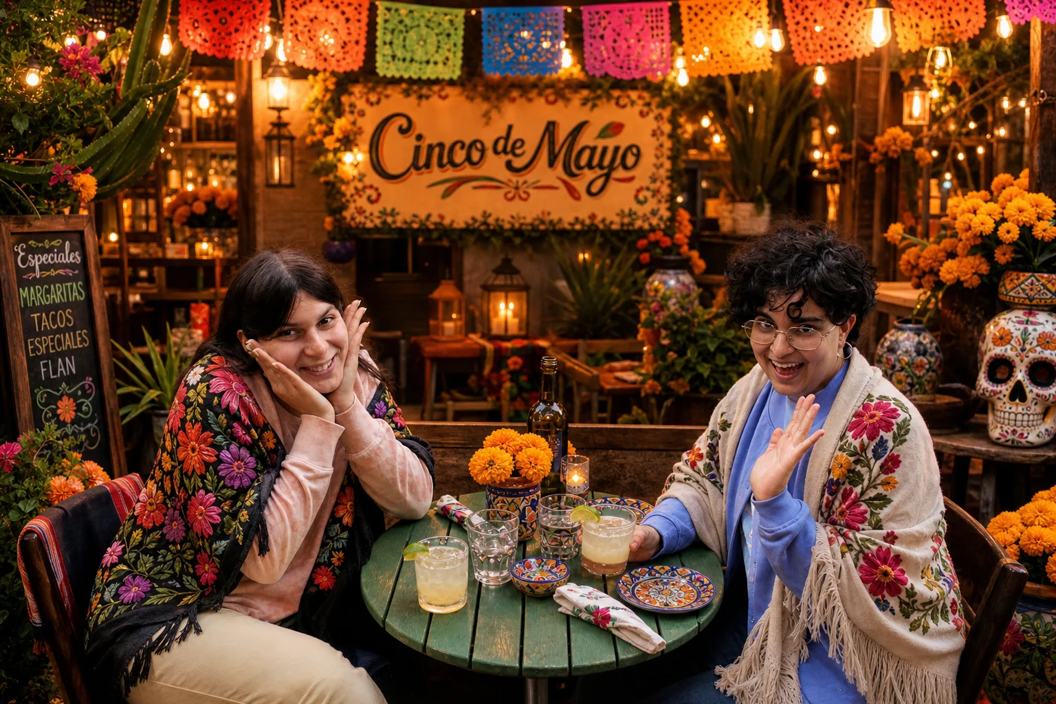 Two guests posing playfully across a table during Cinco de Mayo at The Ox Tavern at Westwood