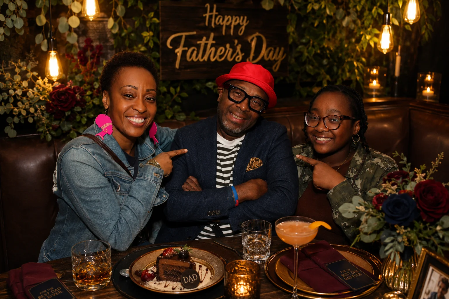 Three guests seated together beneath a Happy Father’s Day sign at The Ox Tavern at Westwood