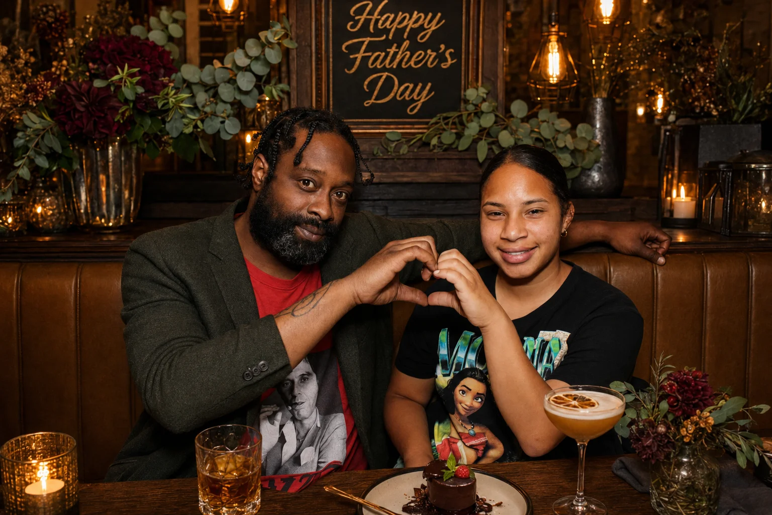 Two guests making a heart with their hands at a Father’s Day table at The Ox Tavern at Westwood
