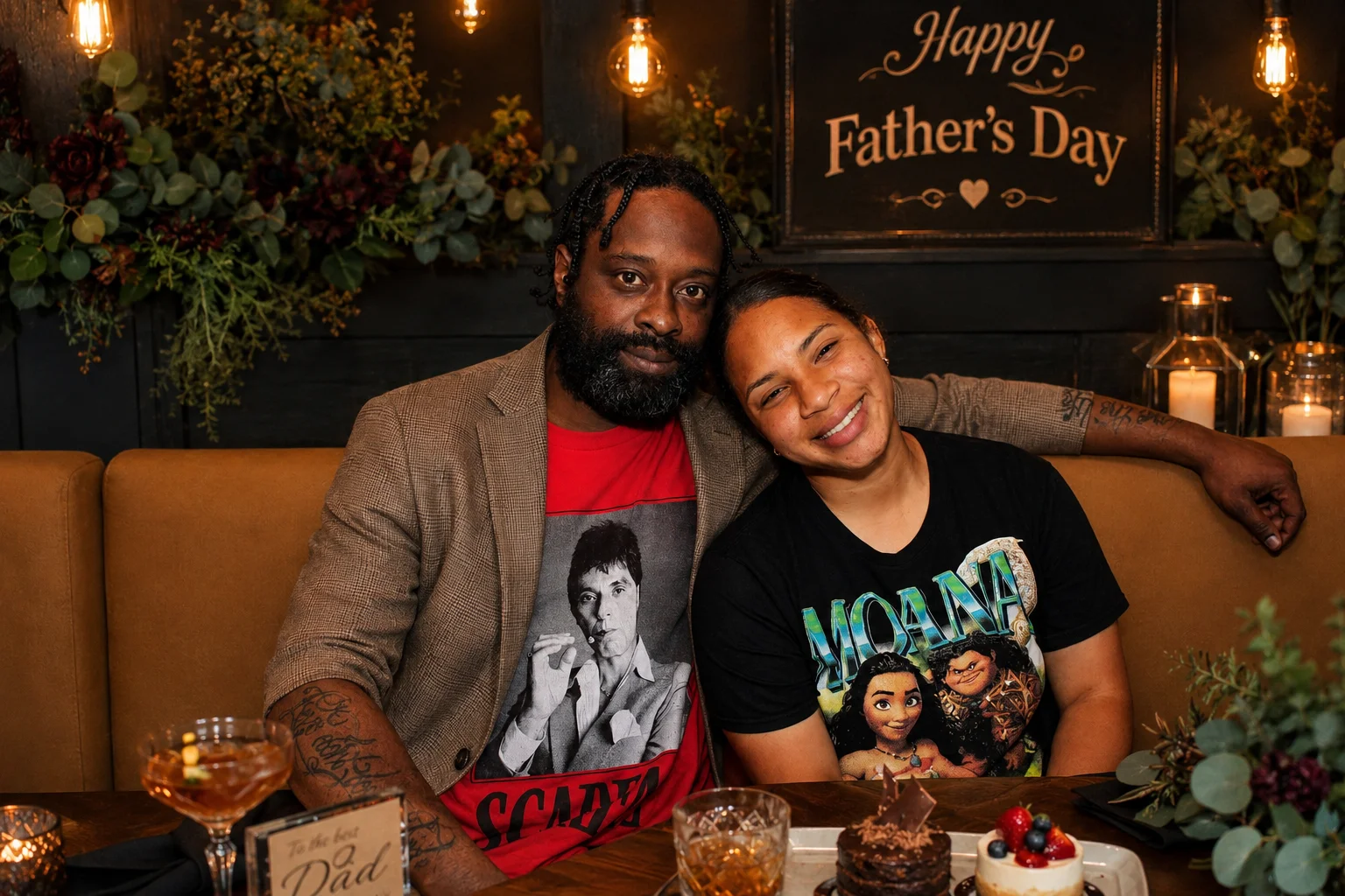 Two guests leaning together in a booth beneath Father’s Day decorations at The Ox Tavern at Westwood