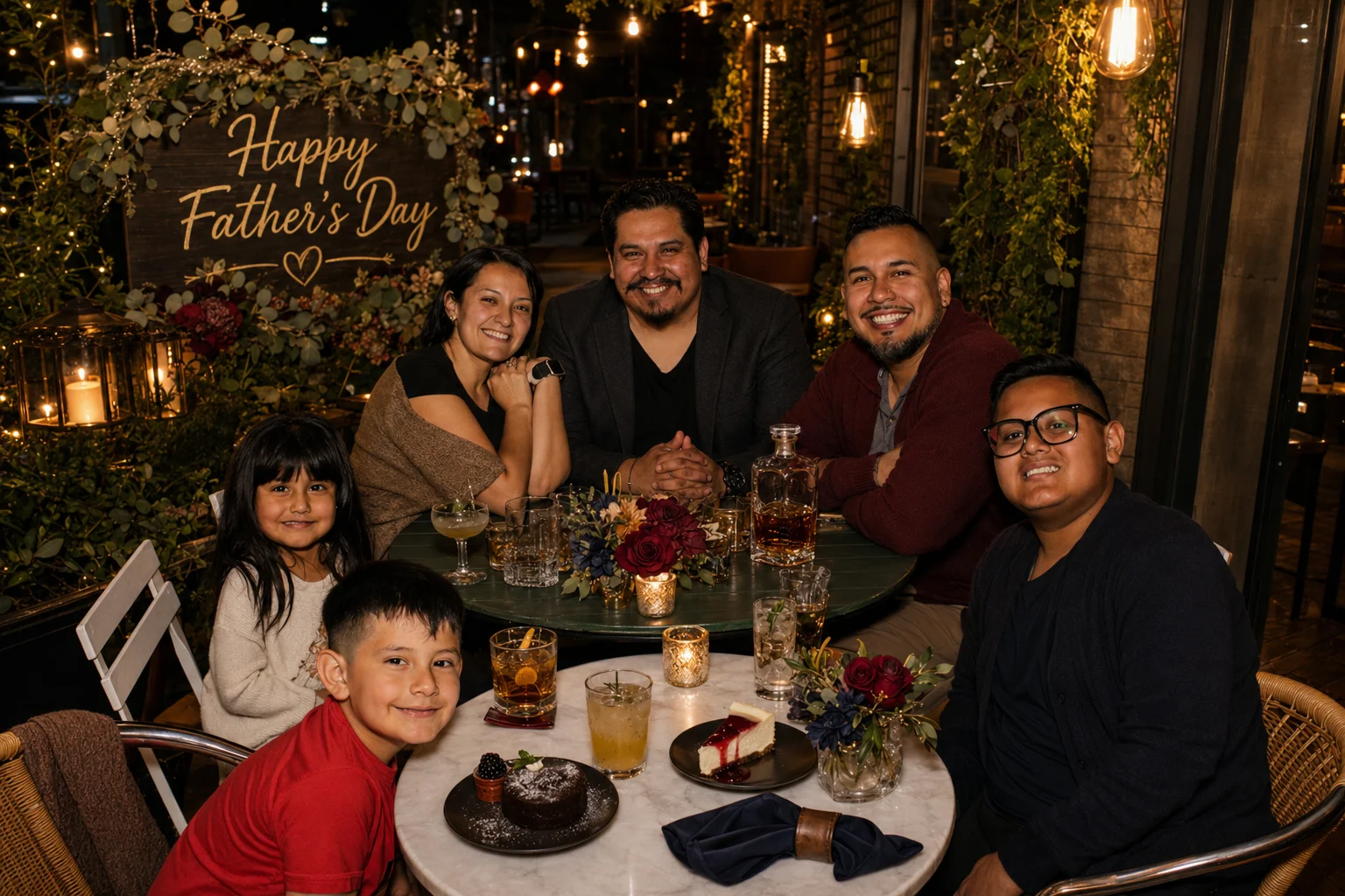 Adults and children posing around a table during a Father’s Day celebration at The Ox Tavern at Westwood
