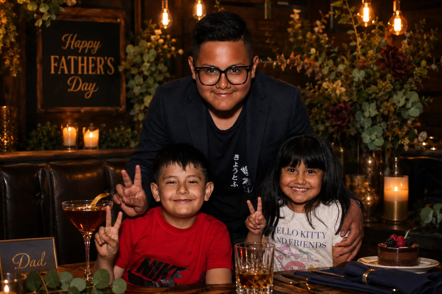 An adult standing behind two children at a Father’s Day restaurant table at The Ox Tavern at Westwood