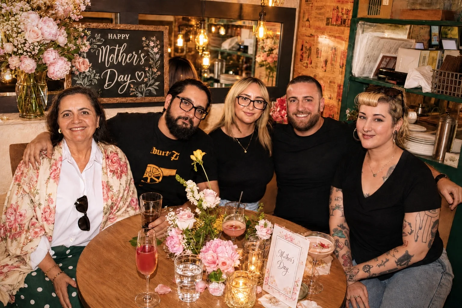 Five guests gathered around a flower-covered restaurant table at The Ox Tavern at Westwood
