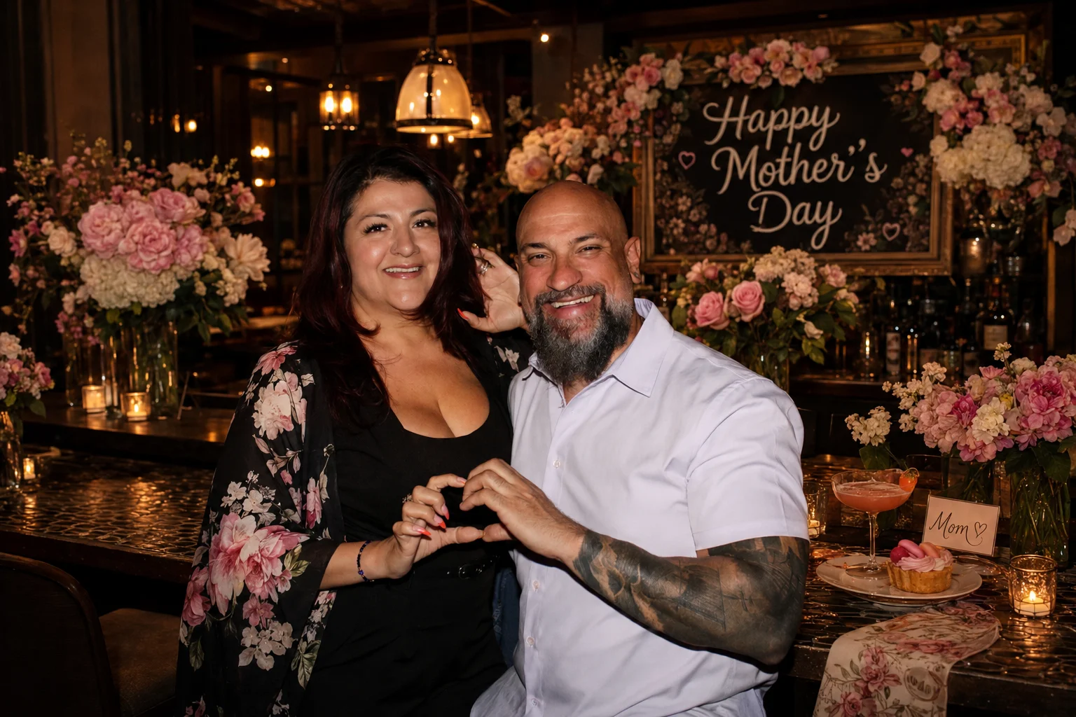 Two guests embracing in front of a Mother’s Day floral display at The Ox Tavern at Westwood