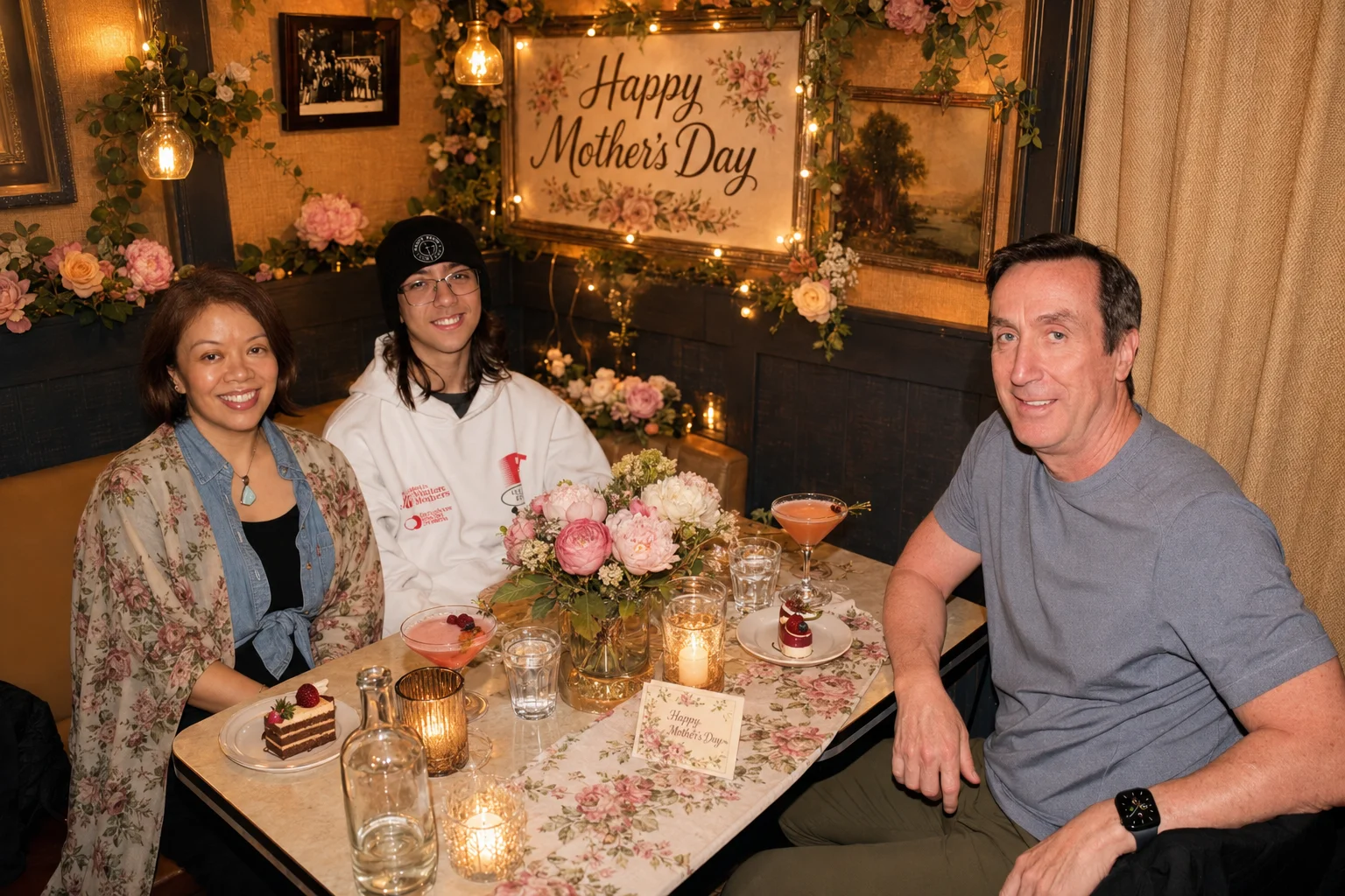Three guests seated around a table with pink flowers at The Ox Tavern at Westwood