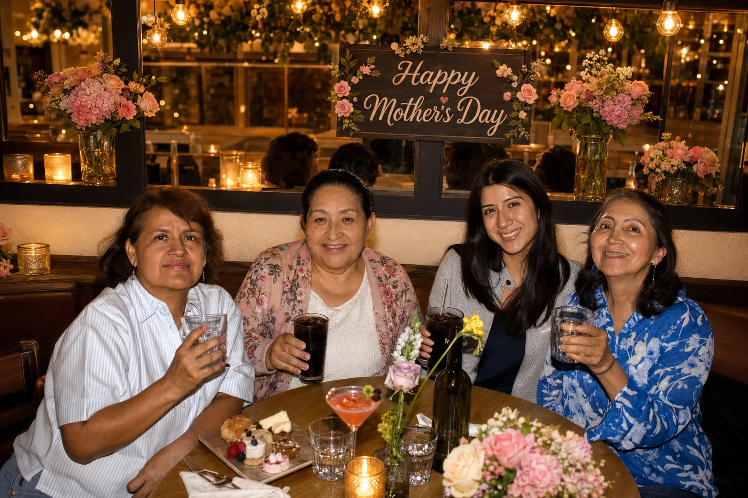 Four guests raising drinks around a restaurant table at The Ox Tavern at Westwood