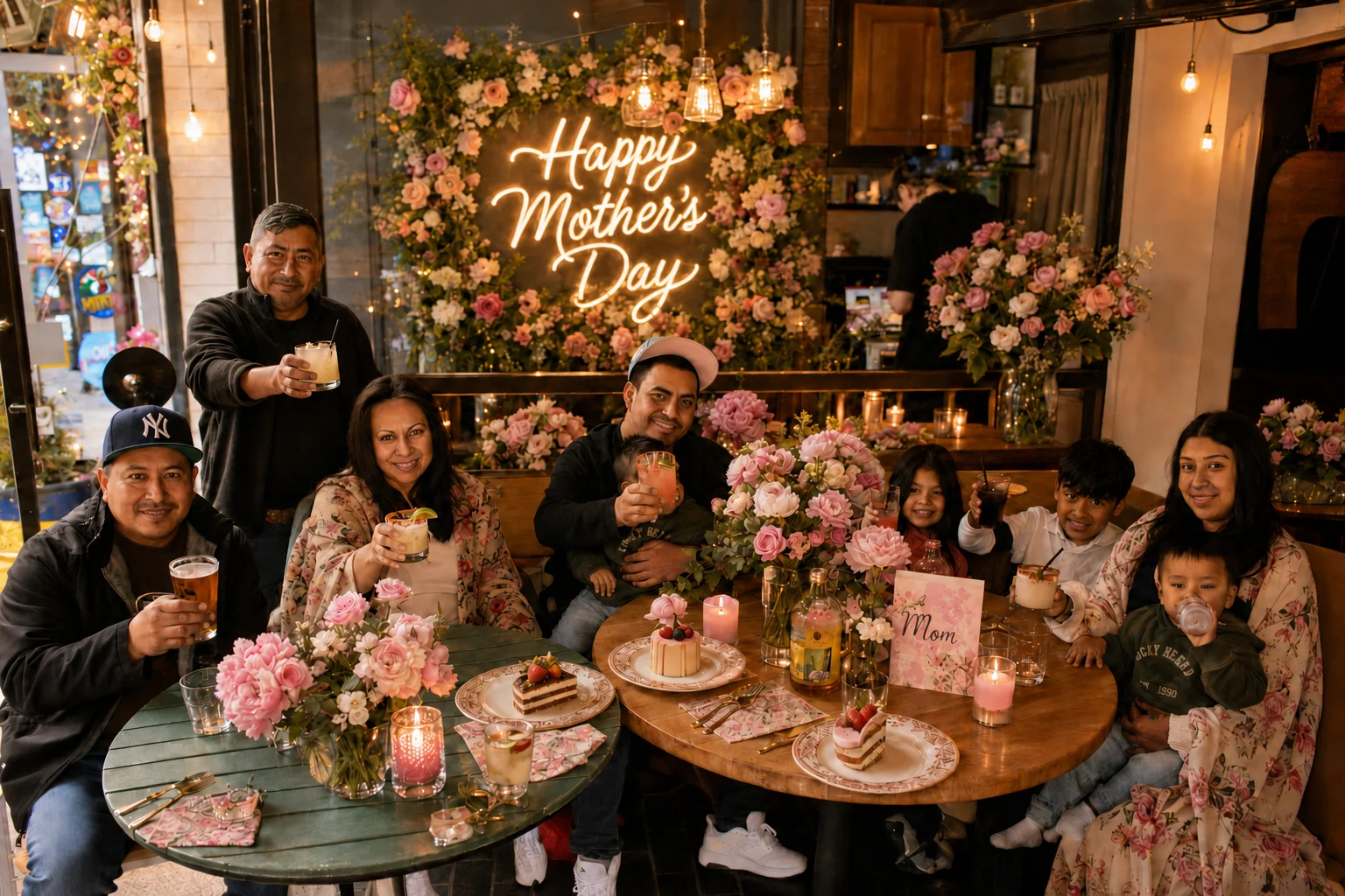 A large group gathered around two tables beneath a Mother’s Day sign at The Ox Tavern at Westwood