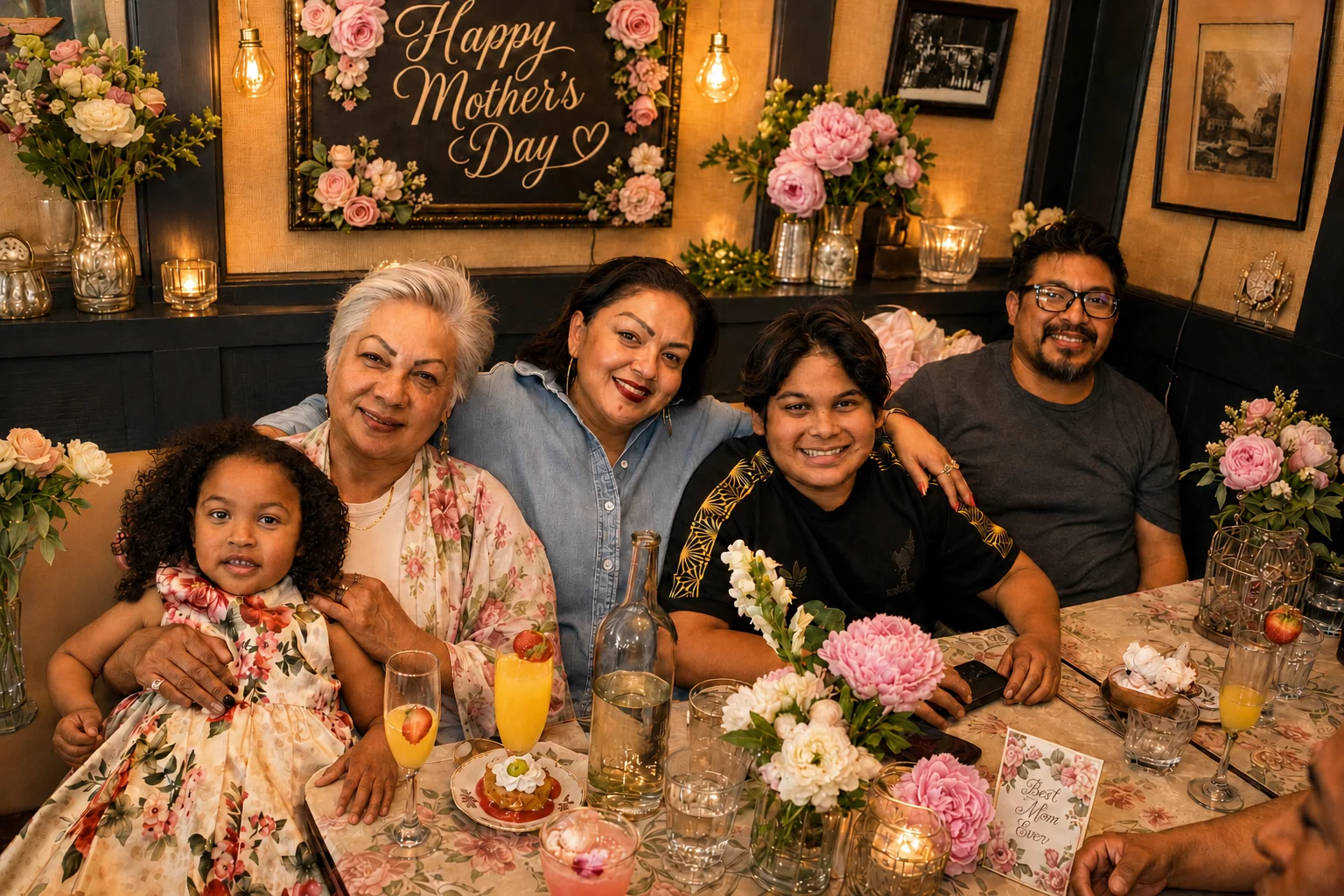 Adults and children posing together around a table decorated with roses at The Ox Tavern at Westwood