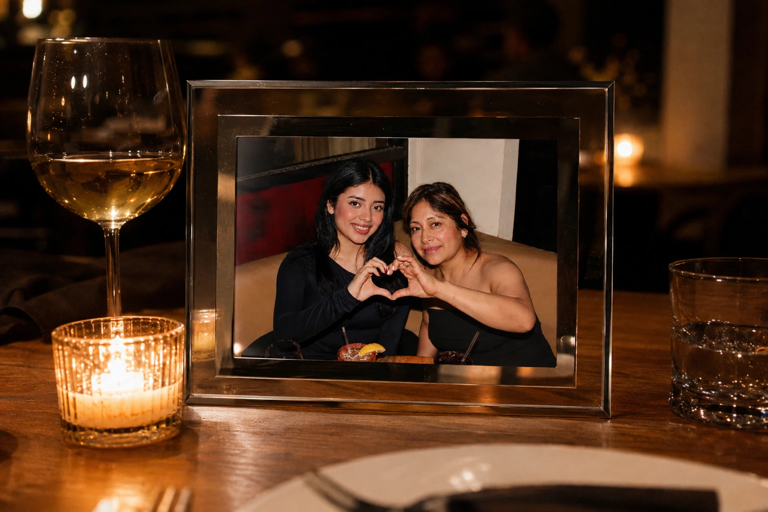A Pic Me photograph displayed in a frame on a restaurant table