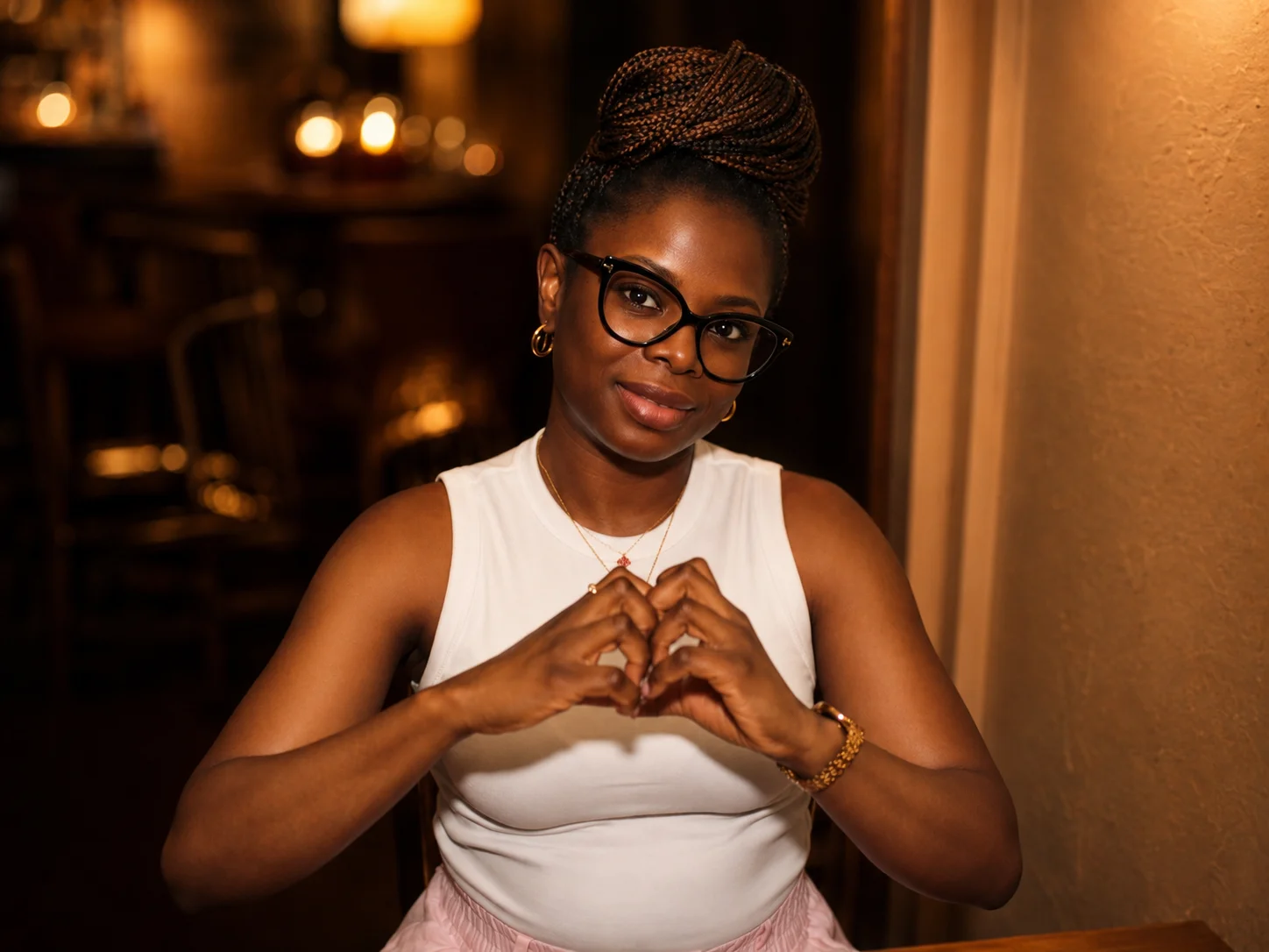 A guest in a white top making a heart with her hands at The Ox Tavern at Westwood