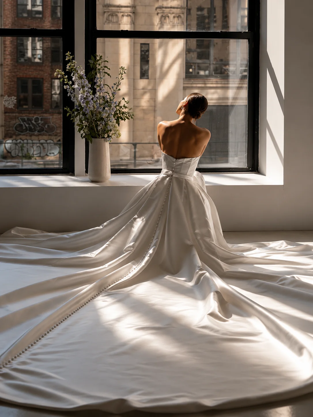 A backlit portrait in a white gown with a long train beside a tall window