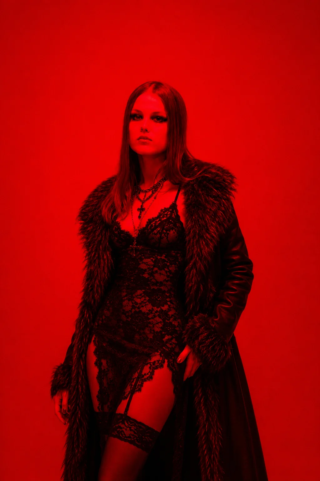 A standing fashion portrait in a dark coat and lace under red studio light